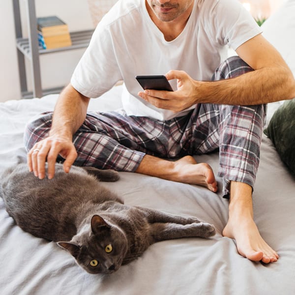 Owner during an online vet visit with his cat