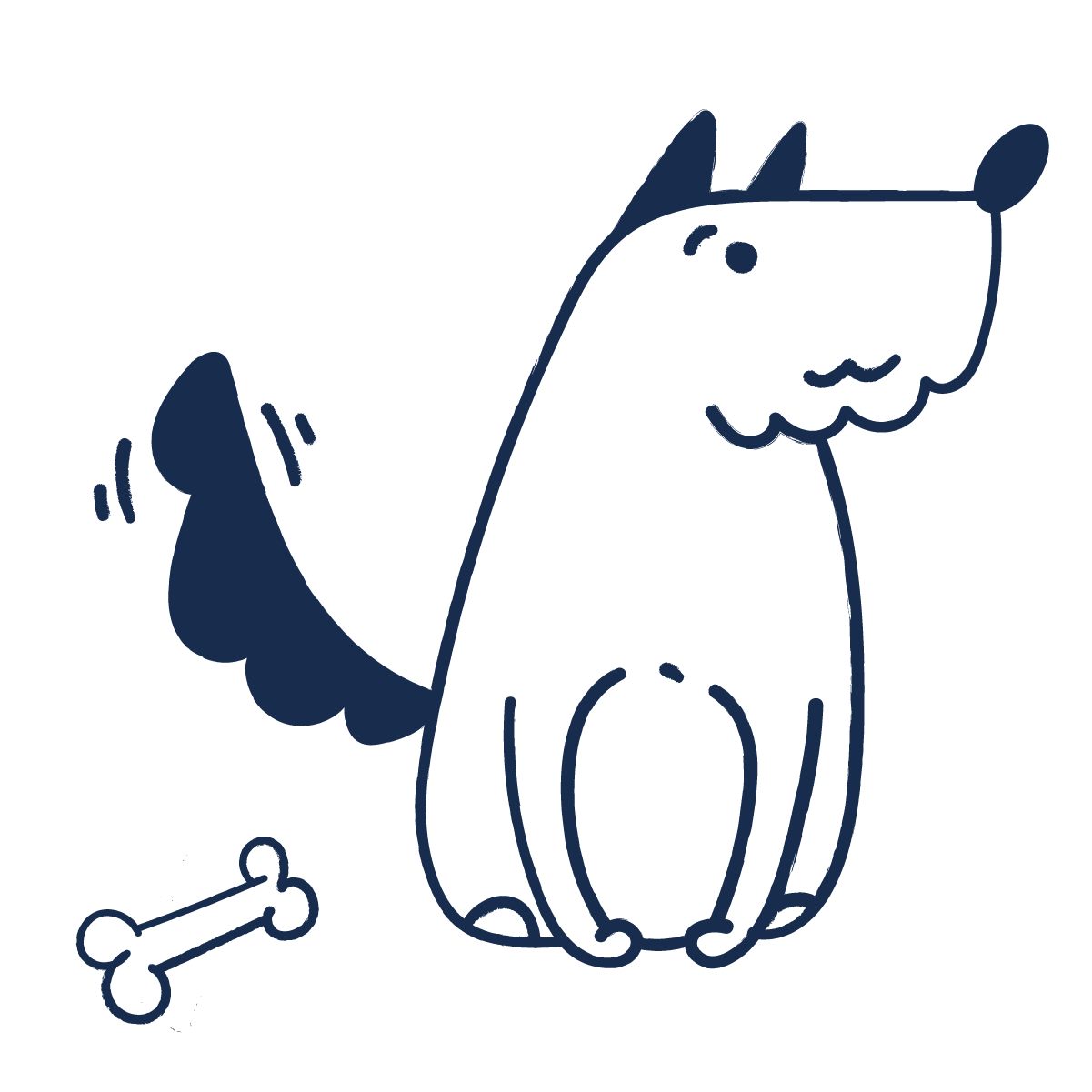 fluffy dog wagging tail with a bone illustration